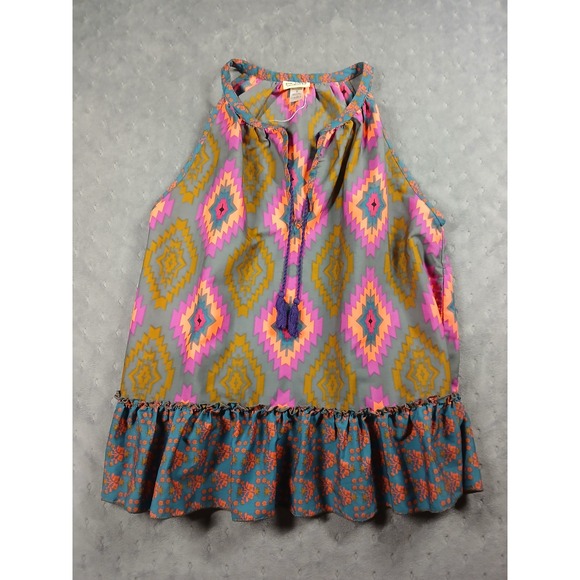 Live Happy by Natural Life Tops - Live Happy - Medium Halter RuffleHem Tank Top NeonBoho Festival DopamineDressing